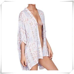 Victoria's Secret Boho Floral Kimono Tie Front Swim Cover-Up Beige Cream Blue OS